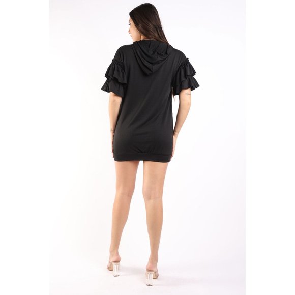 Women's Black Midi Hoodie Dress Short Sleeve Casual Outerwear Sweatshirt Dresses - Picture 11 of 11
